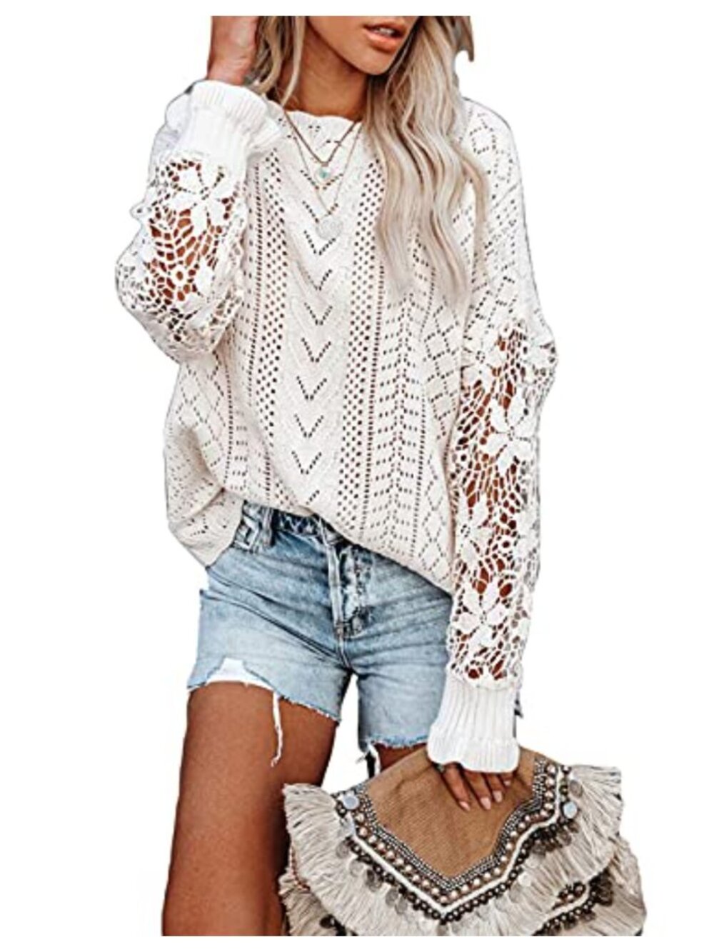 Womens Lace Patchwork Long Sleeve Knit Pullover Sweater